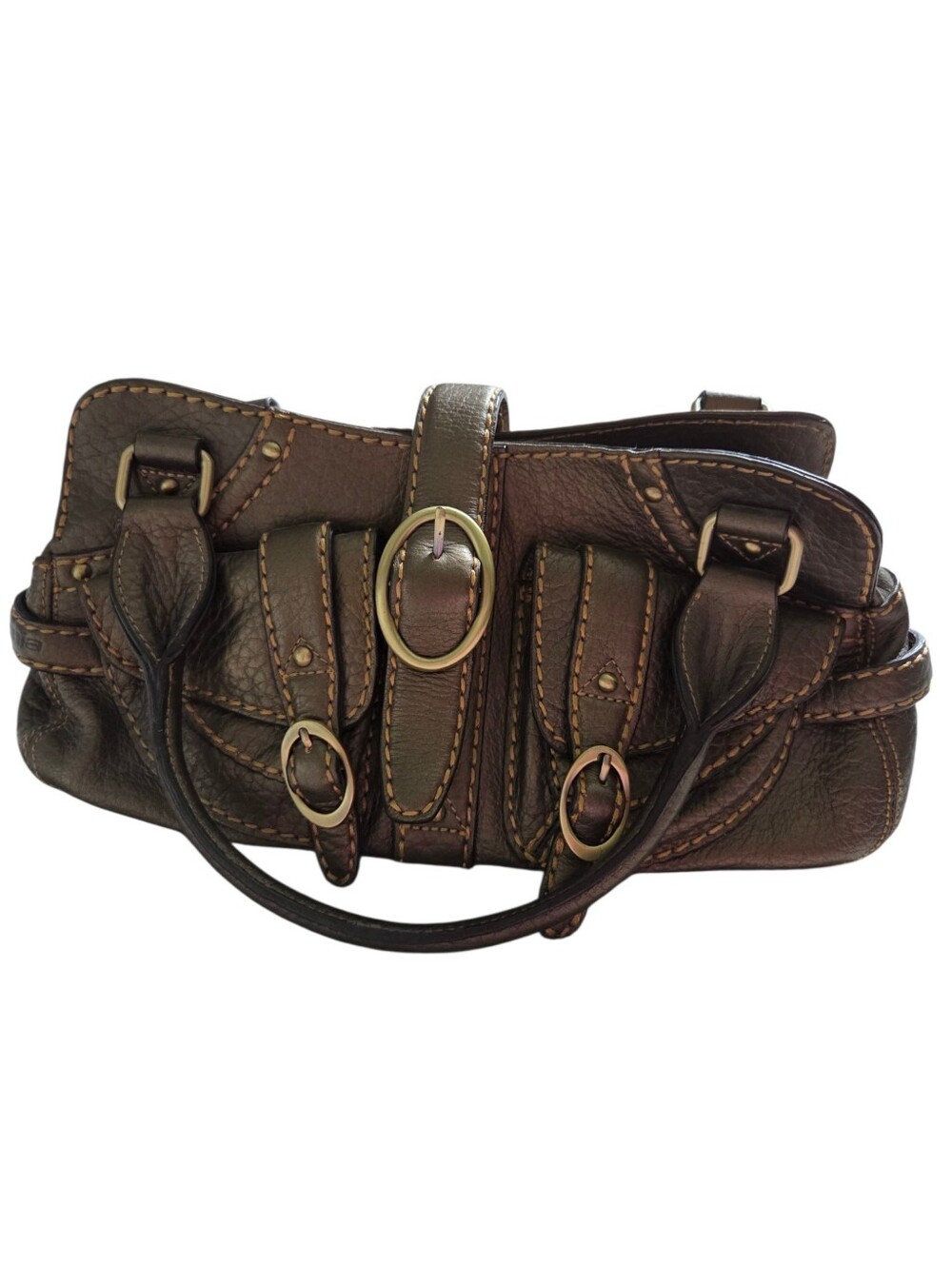 Cromia Italy Leather Metallic BronzeUtility Buckle Multi Pocket Y2K Shoulder Bag